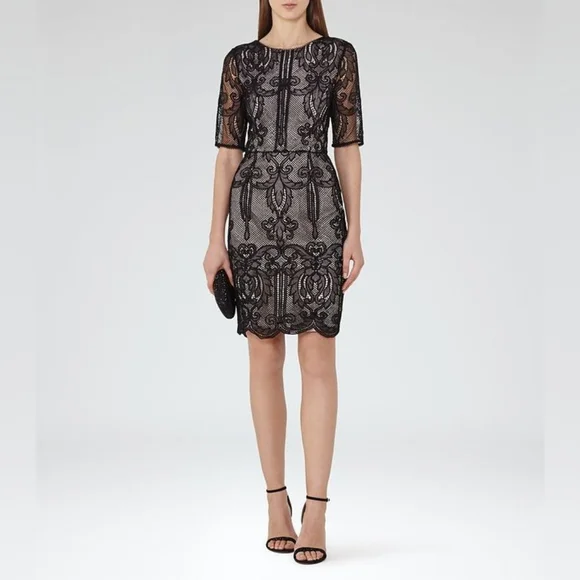 🌞REISS Zola Lace Dress  Black Scalloped Hem V-Back Party Cocktail US 4 - Picture 6 of 16